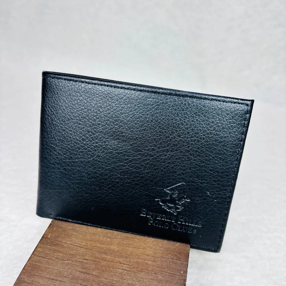 Beverly Hills Polo Club Mens Bifold Wallet Black Pebbled Faux Leather ID Window